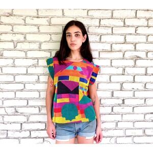 Vintage 70s 80s Rainbow Terry Cloth Towel Top Boho Cropped Small
